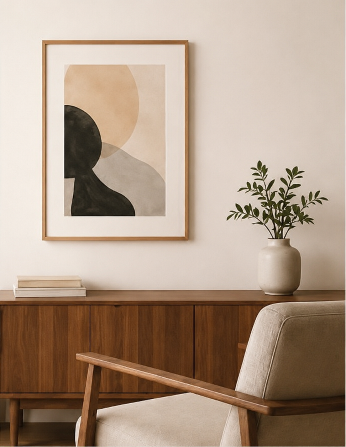 Intérieur chaleureux avec chaise, tableau, plante et lumière naturelle