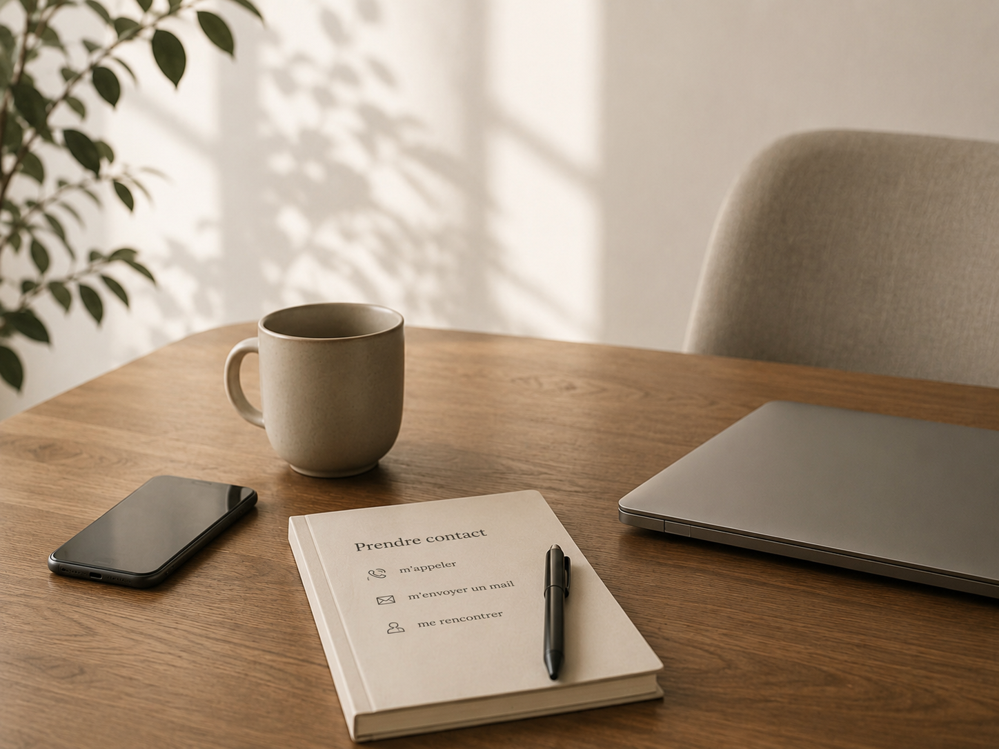 Bureau en bois avec carnet « Prendre contact », téléphone, ordinateur portable et tasse, lumière naturelle